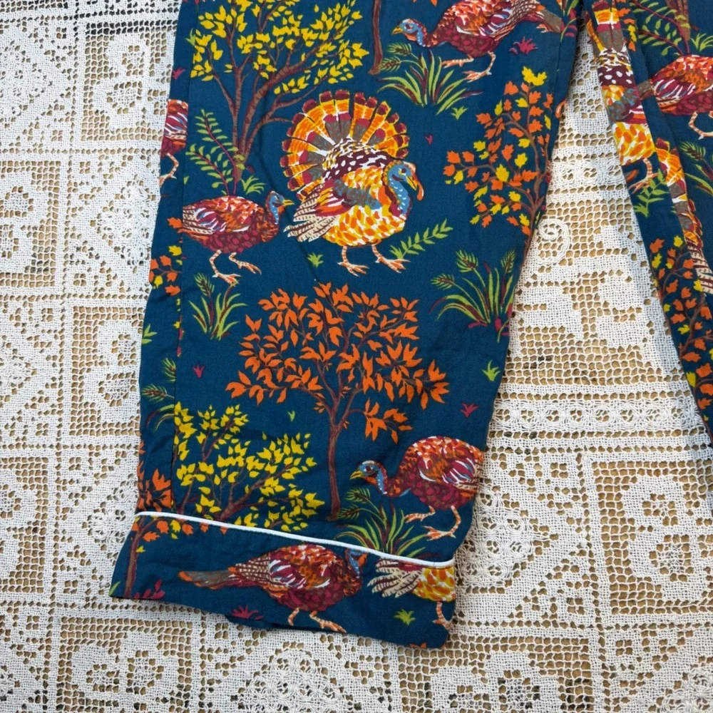 Printfresh Retired Turkey Print Pajama Pants Dark Blue Cotton Festive Feast Sz L
